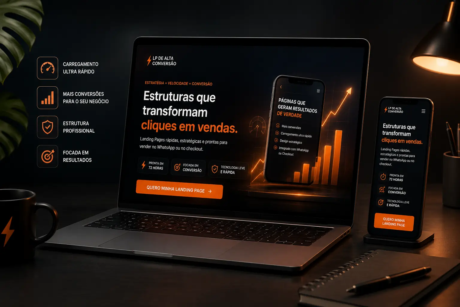 Landing page profissional exibida em notebook e celular, com visual tecnológico e foco em conversão